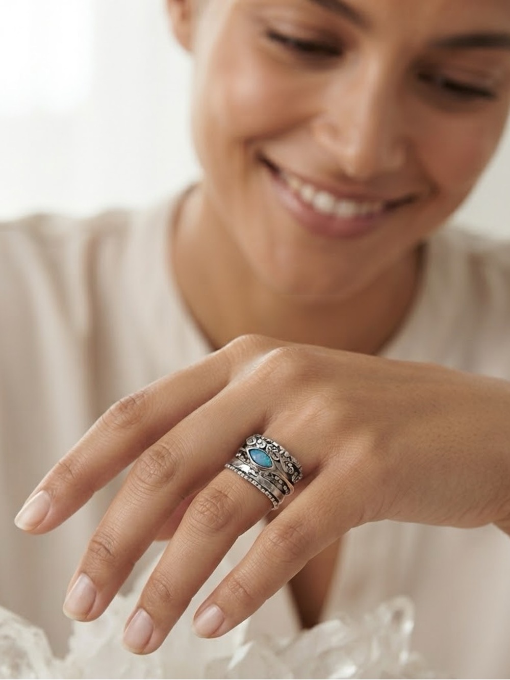 Jean Rachel 925 Sterling Silver Blue Opal Leaf Ring size 6